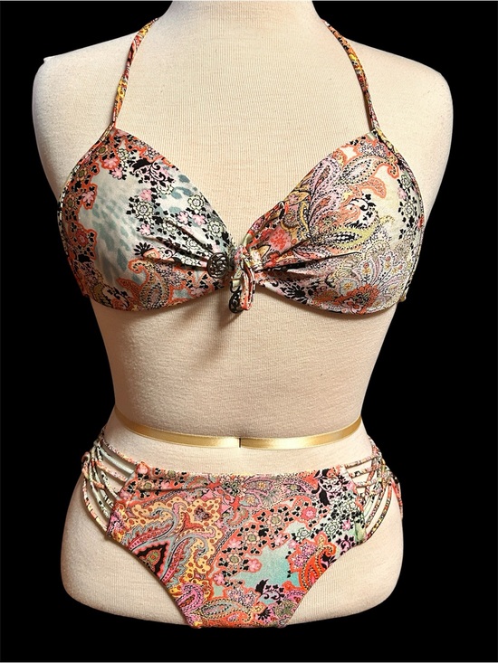Luli Fama Other - Luli Fama Floral Trim Bikini Top in Green, Coral & Black
